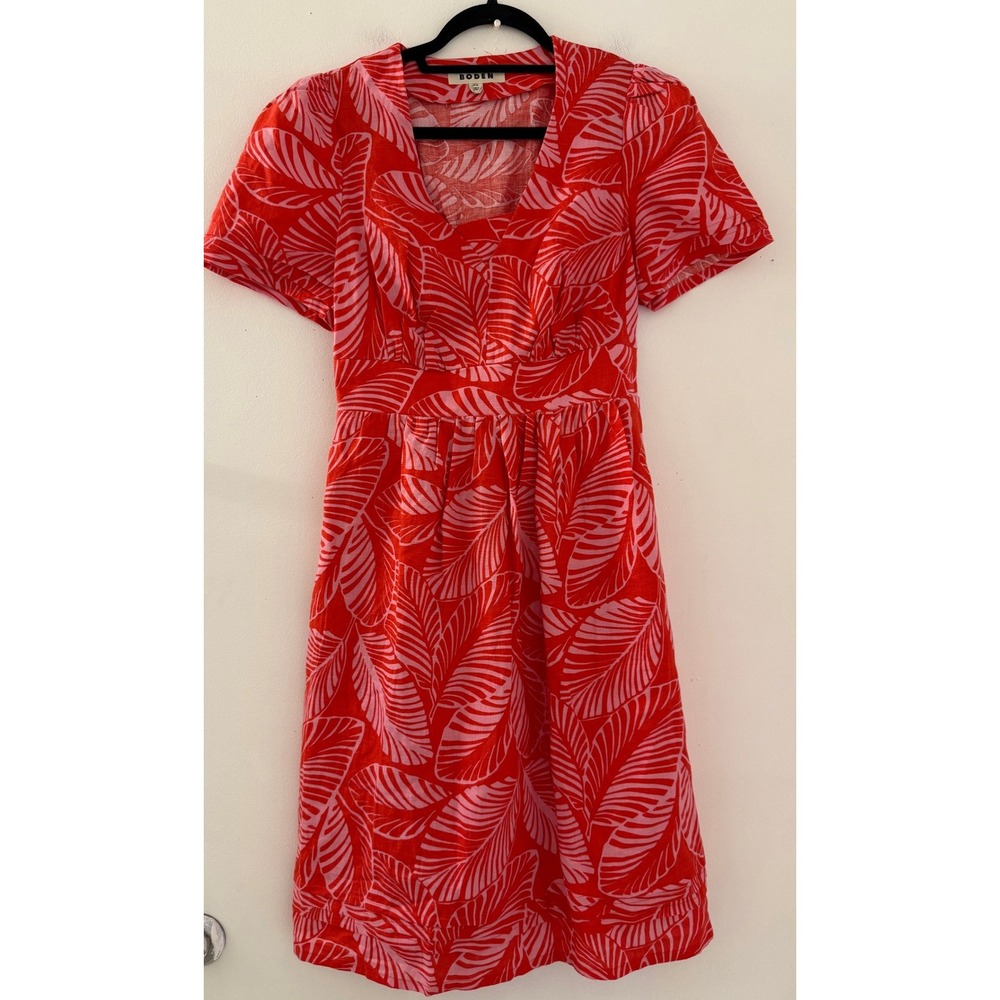 Boden Red Pink Tropical Leaf Linen Midi Dress V-Neck Smocked Back Pockets US 4L